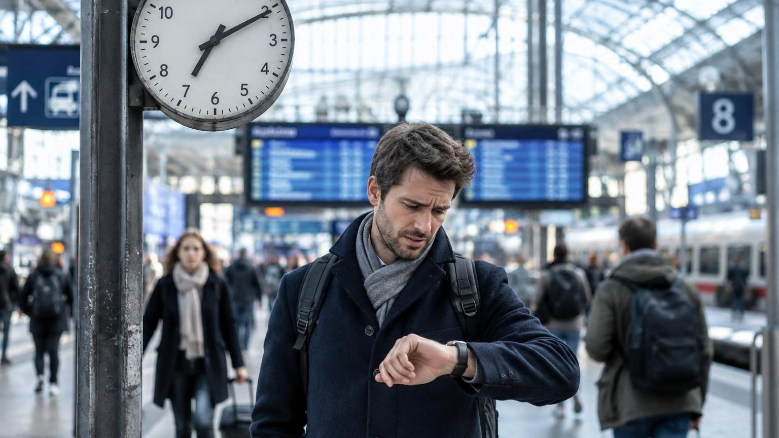Représentation schématique d'un réseau électrique européen interconnecté avec des horloges de cuisine affichant un retard synchronisé.