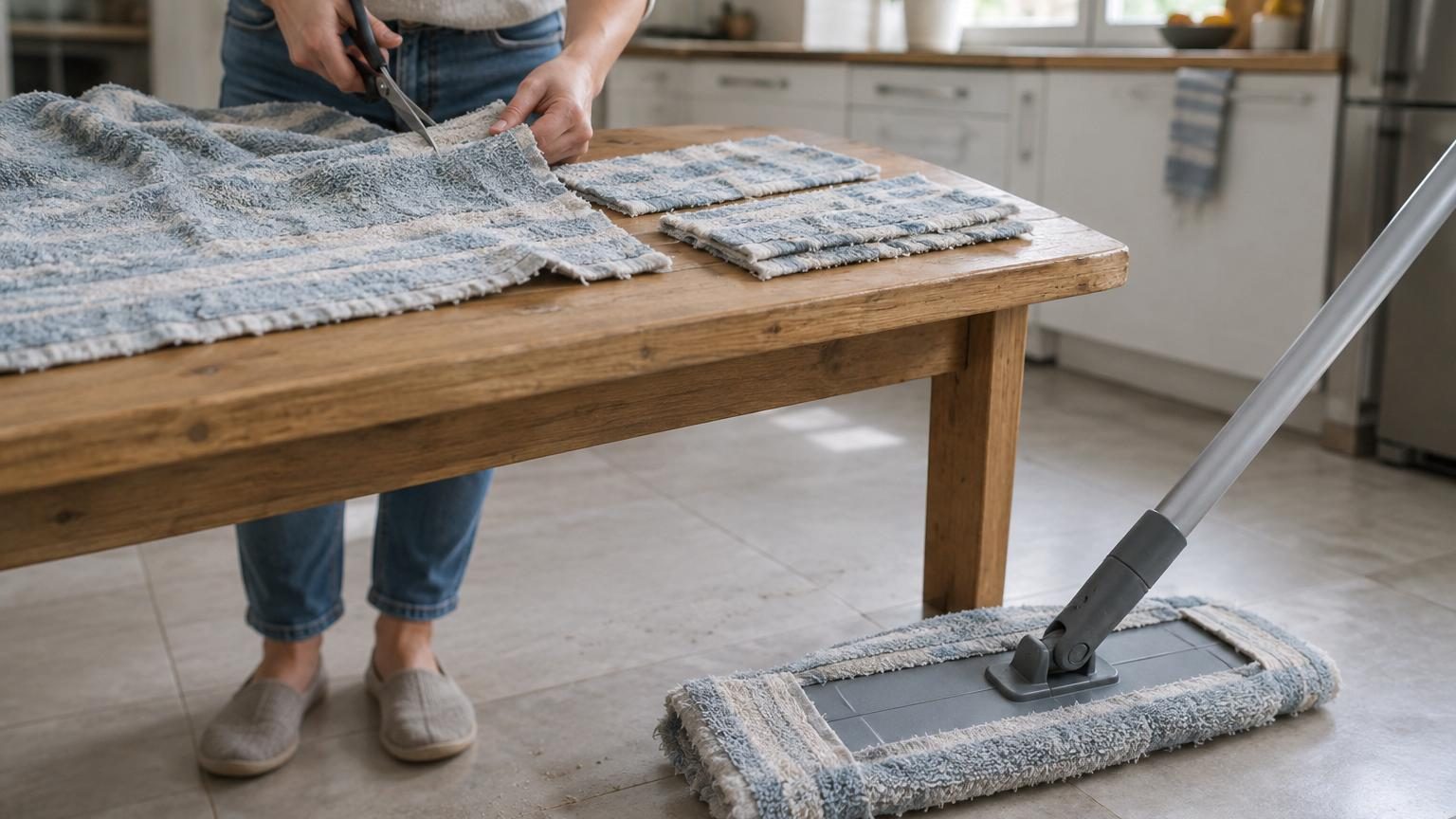 Découper une vieille serviette pour la fixer sur un balai plat : à quoi ça sert et pourquoi c'est si économique