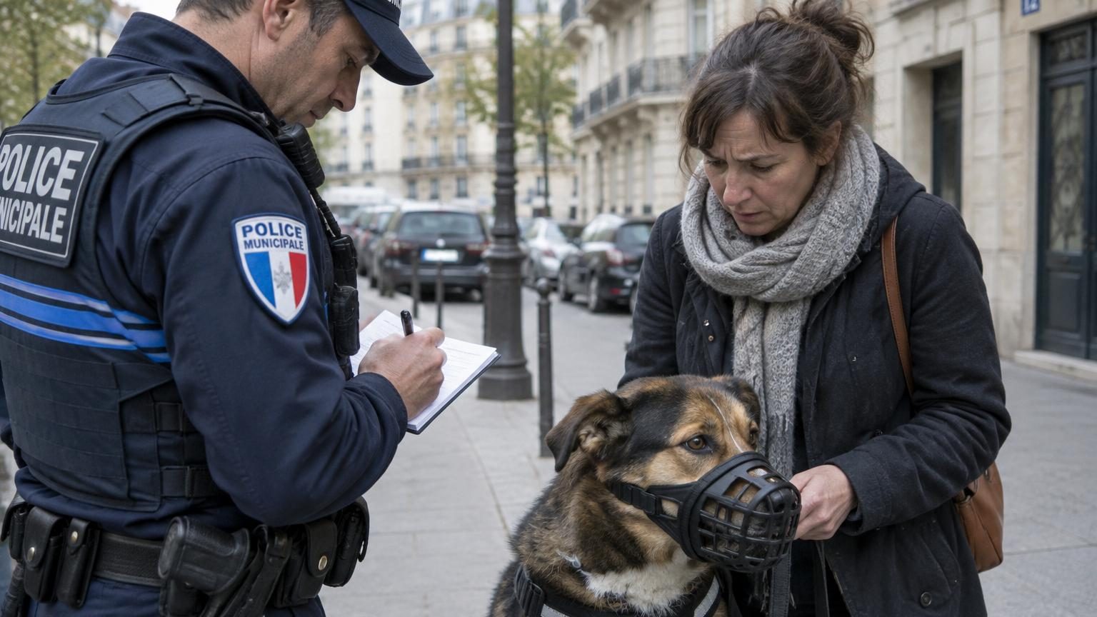 Chien de race type staff en laisse portant une muselière noire dans la rue, tenu par un maître marchant sur un trottoir urbain.