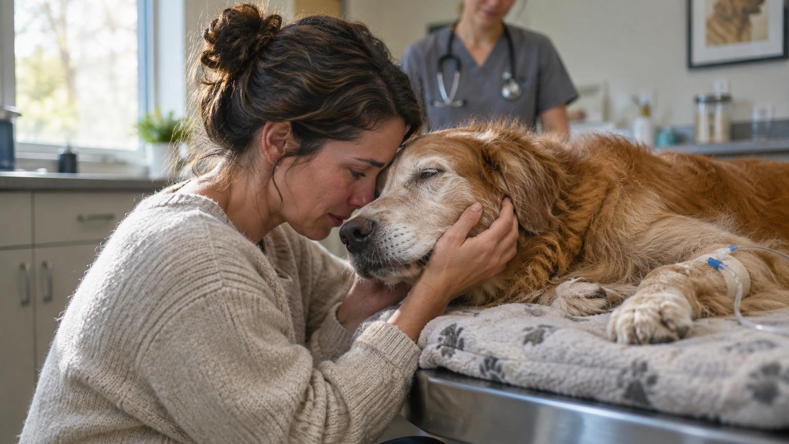 Main tenant tendrement la patte d'un chien allongé, dans une atmosphère calme et respectueuse, symbolisant l'adieu compassionnel à un animal de compagnie.