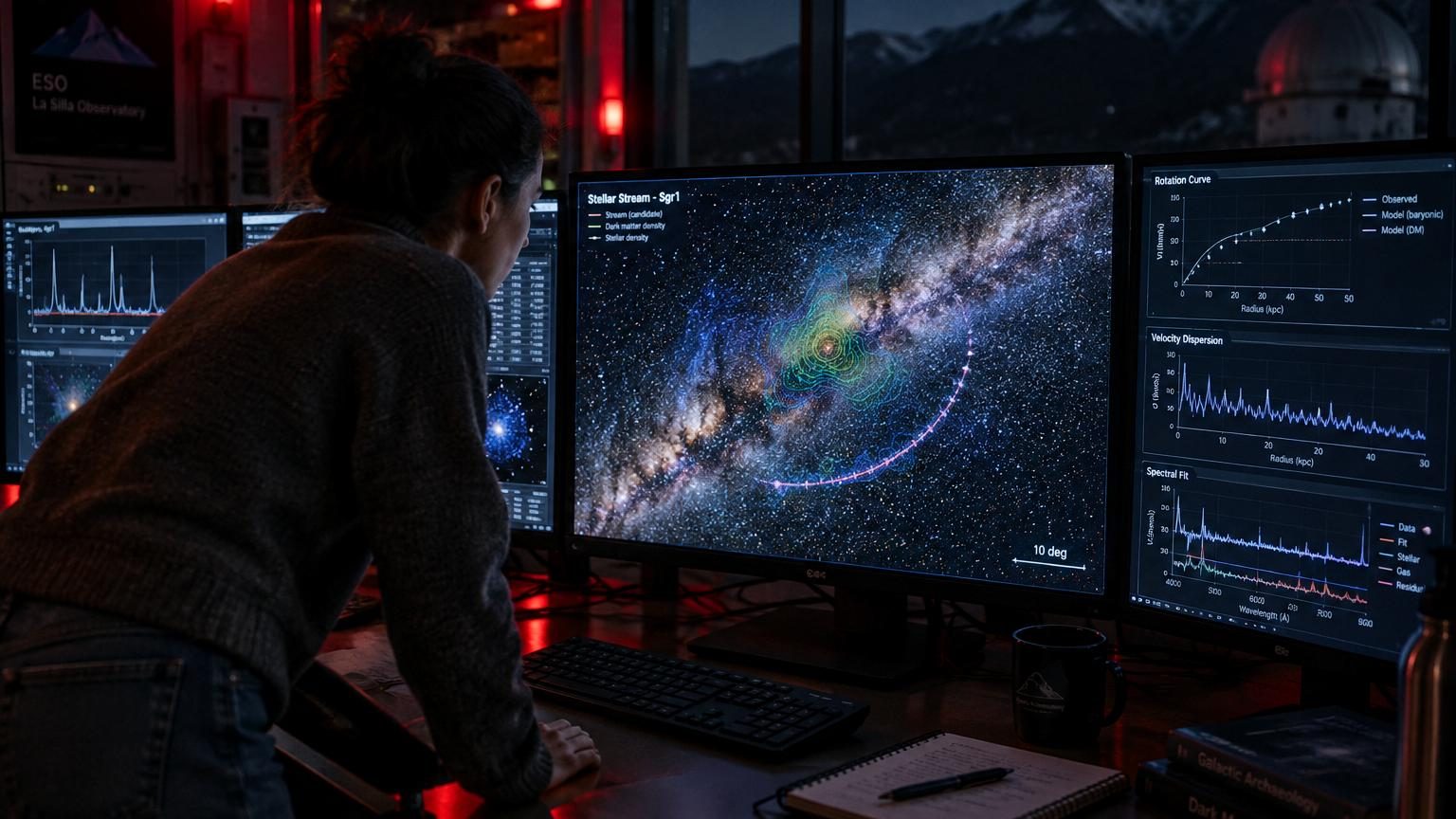 Illustration d'un ruban d'étoiles teintées de bleu et de violet flottant dans l'espace sombre du halo galactique avec une sous-structure visible appelée éperon.