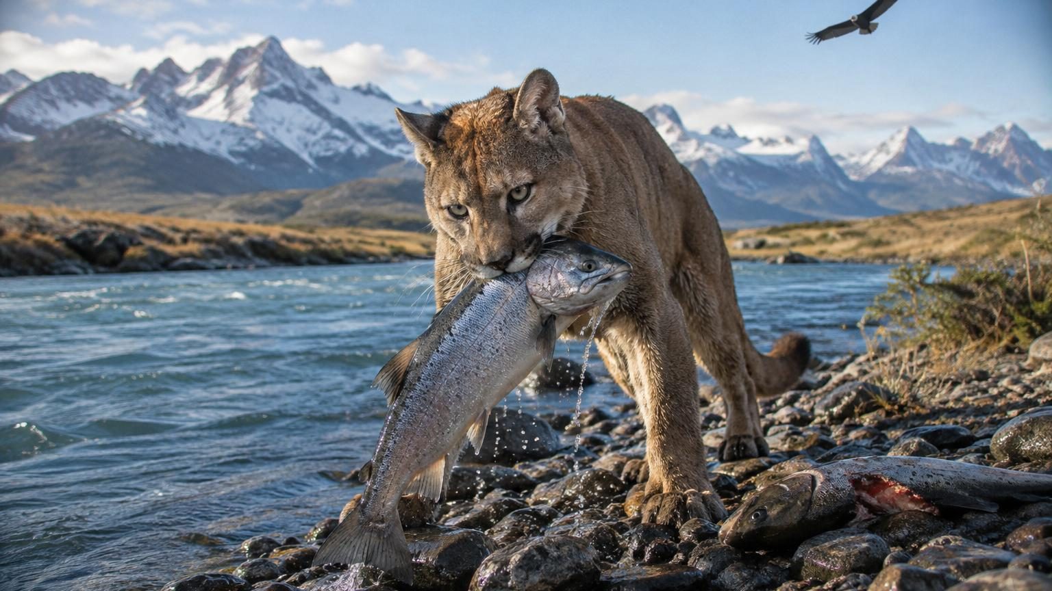 Des caméras piégées filment des pumas en train de pêcher des saumons en Patagonie : ce ne sont pas les seuls animaux à en profiter