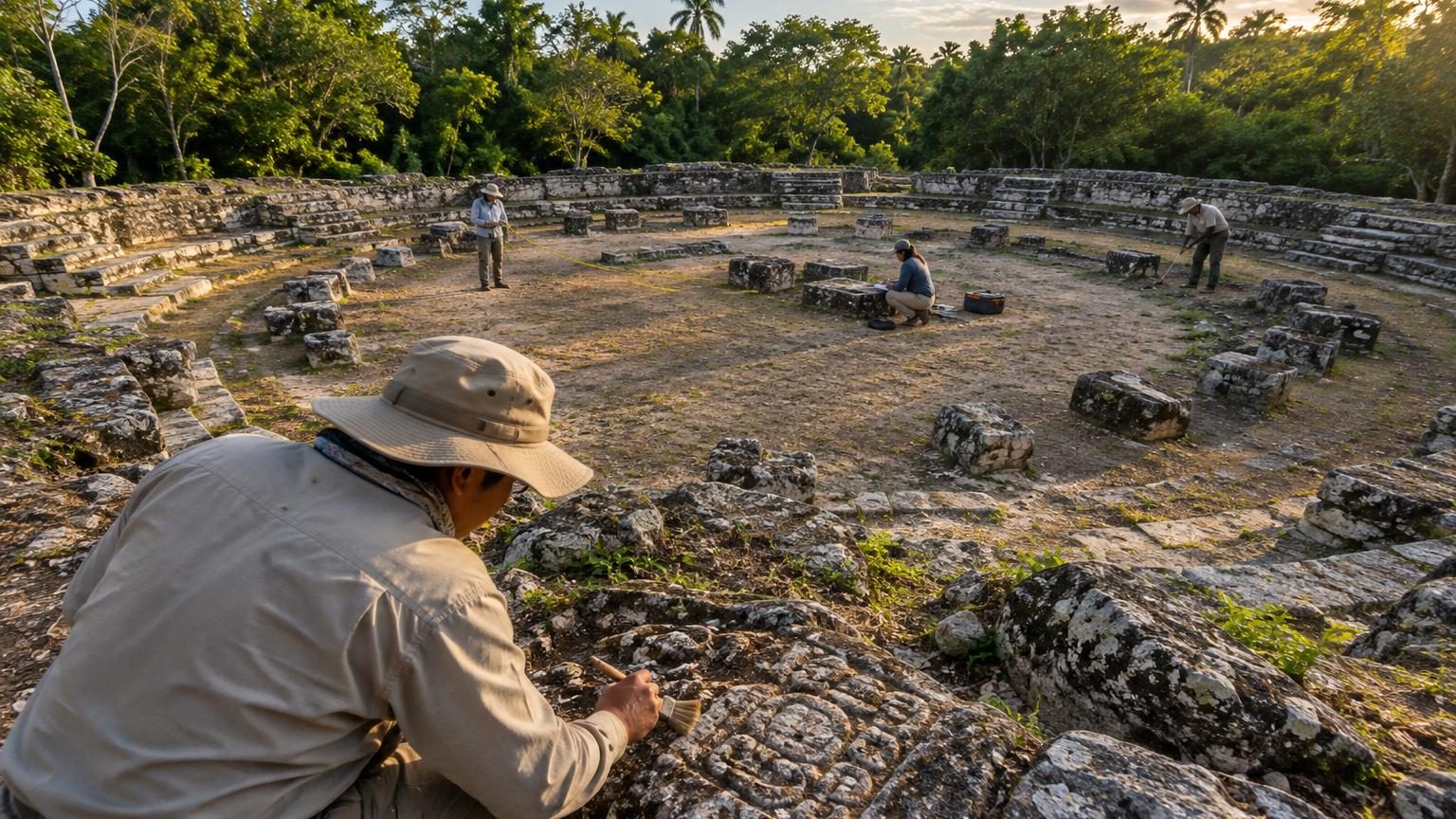 Structures circulaires de petites plateformes basses disposées en rangées concentriques au cœur de la jungle du Yucatán, révélées par imagerie Lidar sous la canopée.