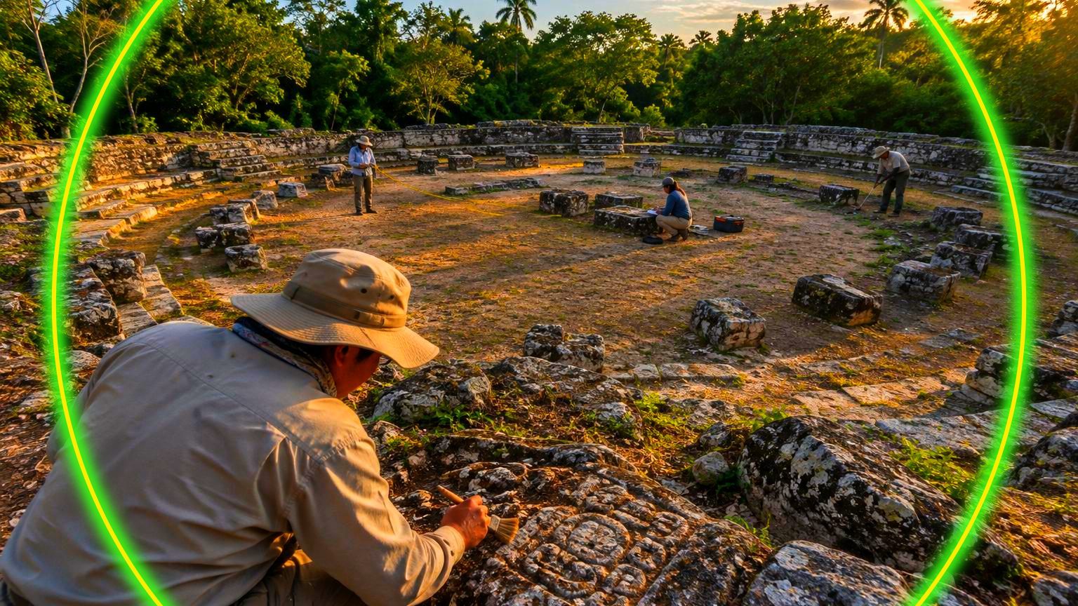 Structures circulaires de petites plateformes basses disposées en rangées concentriques au cœur de la jungle du Yucatán, révélées par imagerie Lidar sous la canopée.