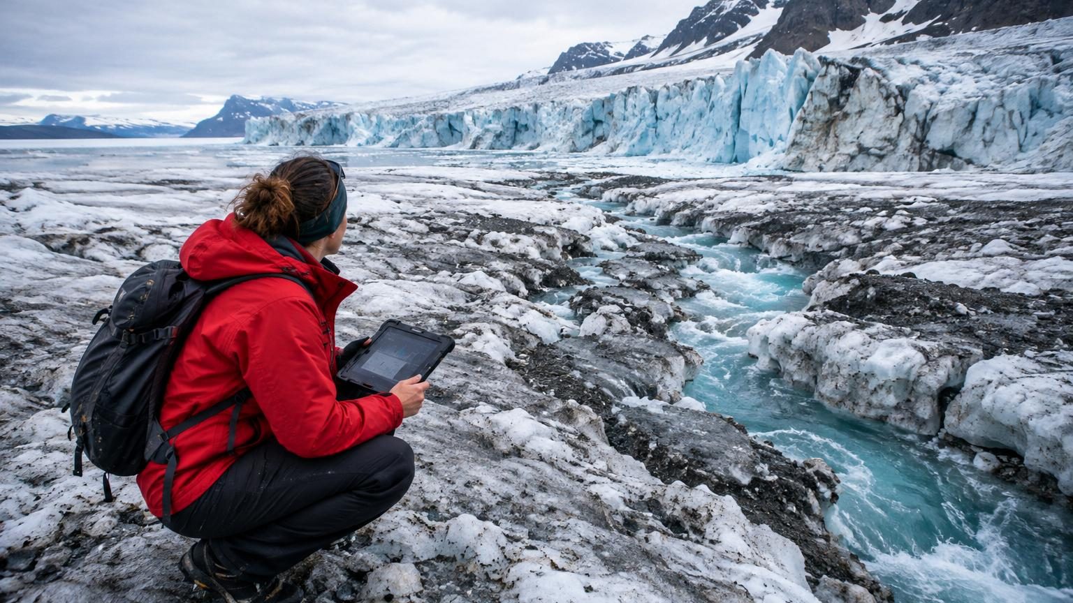 Vue aérienne de la calotte glaciaire du Groenland avec des zones de fonte bleutée et des crevasses profondes