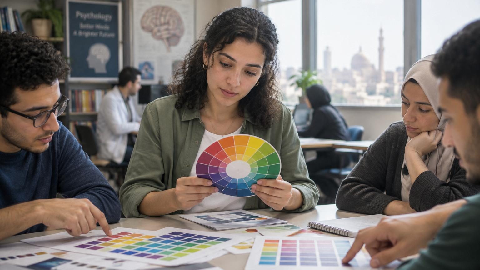 Palette de couleurs variées montrant des nuances de rouge, blanc, orange, bleu, vert, représentant les différentes teintes étudiées par les chercheurs égyptiens pour leurs associations avec la personnalité et l'intelligence perçue.