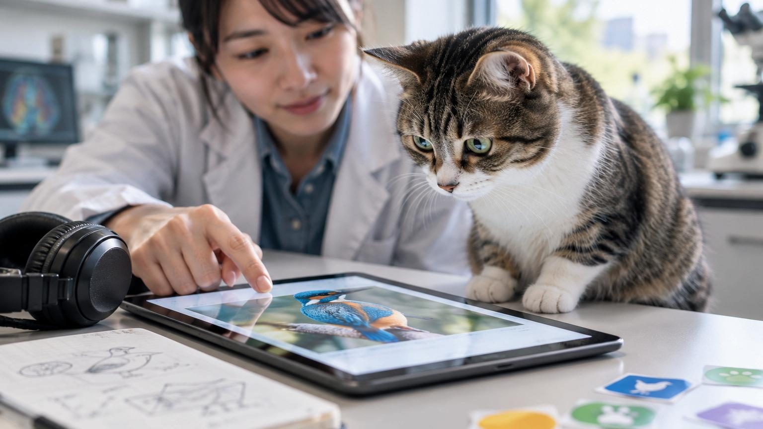 Un chat regarde fixement un écran d'ordinateur affichant des formes colorées animées, lors d'une expérience scientifique d'association mot-image.