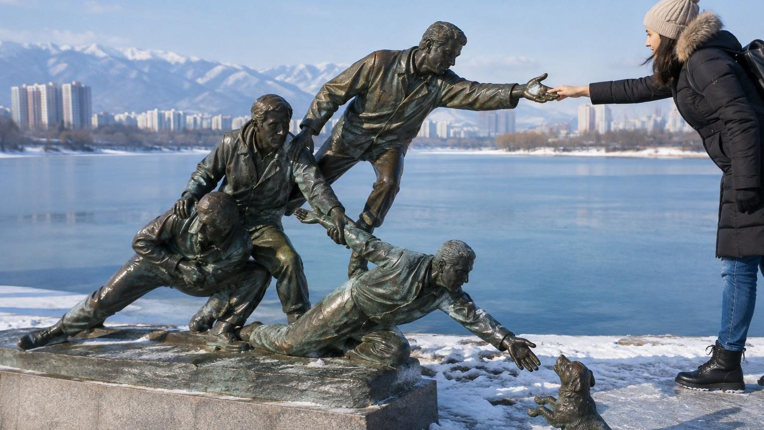 Des inconnus forment une chaîne humaine dans une rivière glacée pour sauver un chien : neuf ans plus tard, des sculptures immortalisent la scène