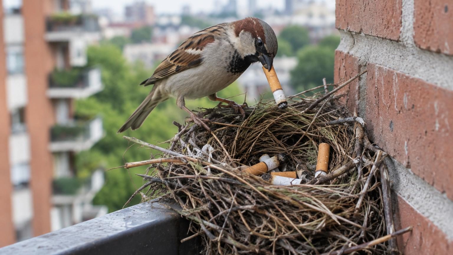 Un nid d'oiseau rempli de mégots de cigarette collectés, illustrant l'adaptation de la faune urbaine aux déchets humains.
