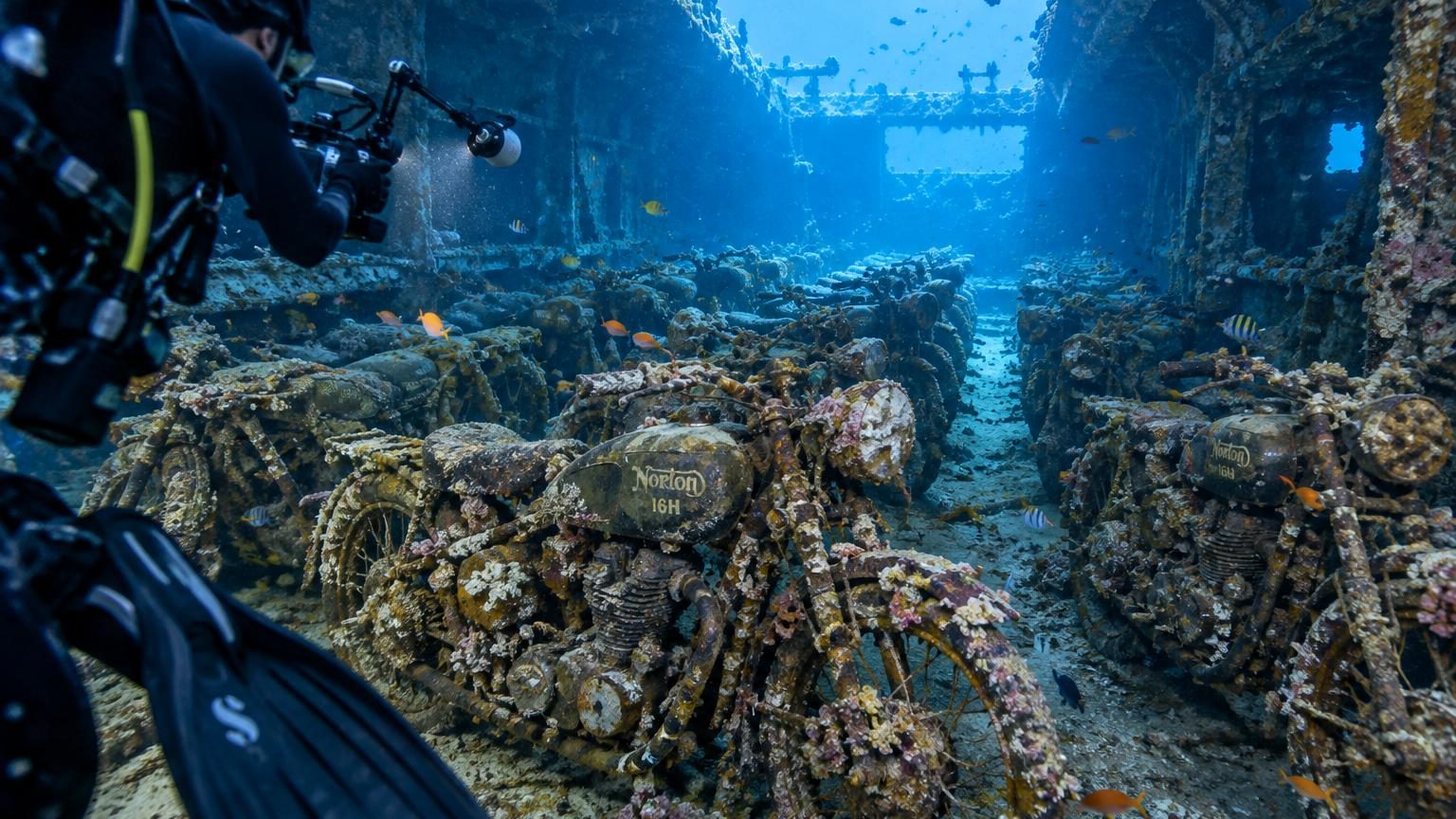 Des motos Norton reposent au fond de la mer après un naufrage : un photographe allemand les immortalise et remporte un prix