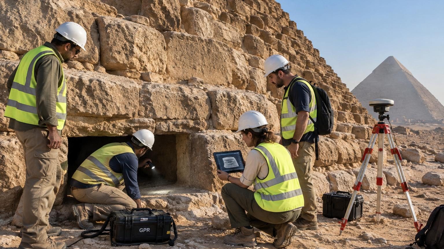 Vue d'une face de la pyramide de Mykérinos avec mise en évidence de la zone polie de granit où se trouvent les deux cavités détectées par radar et ultrasons.
