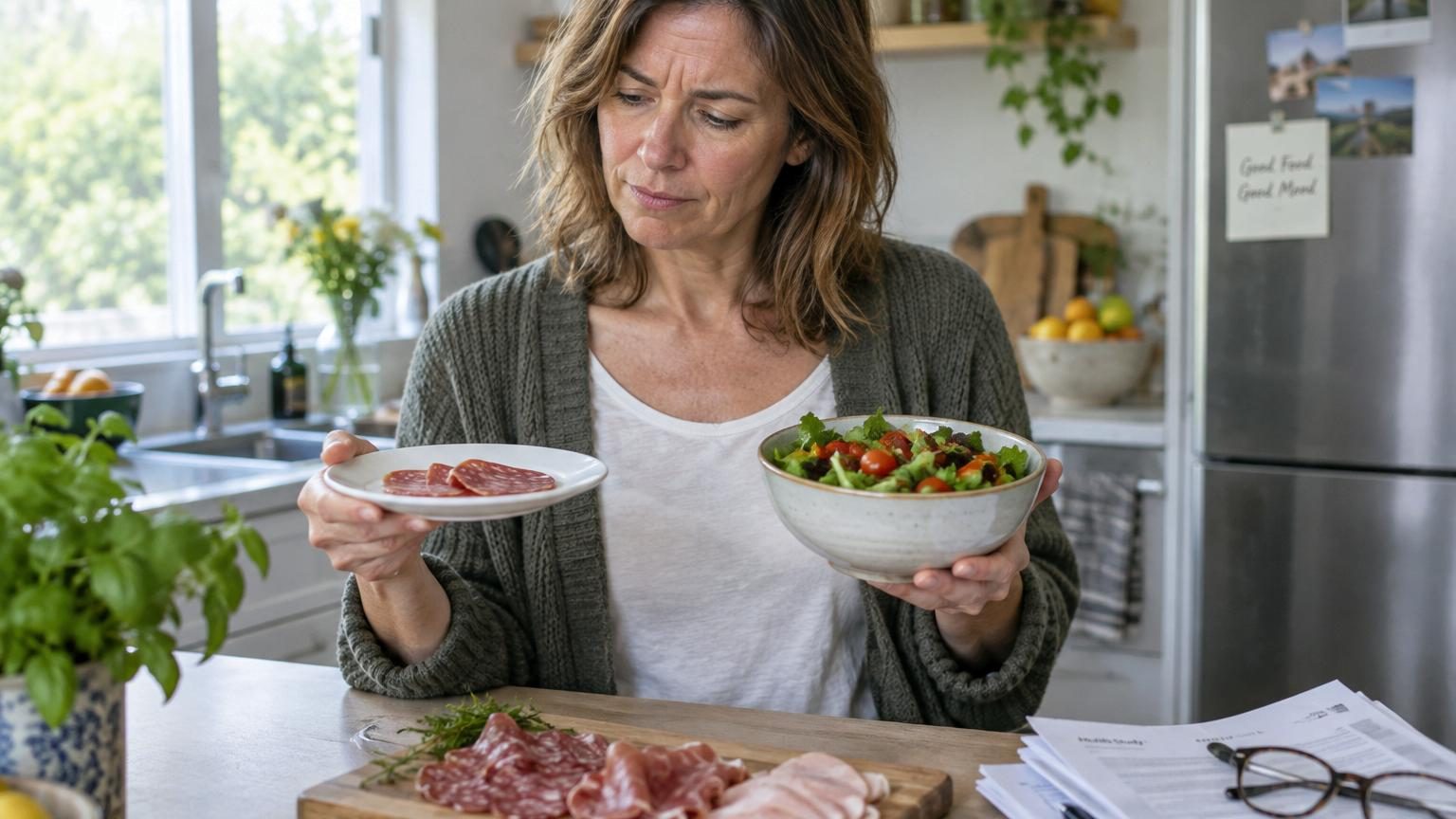 Plateau de charcuterie avec tranches de jambon, saucisse et autres viandes transformées rouges et roses, symbolisant la consommation quotidienne à risque pour la démence.