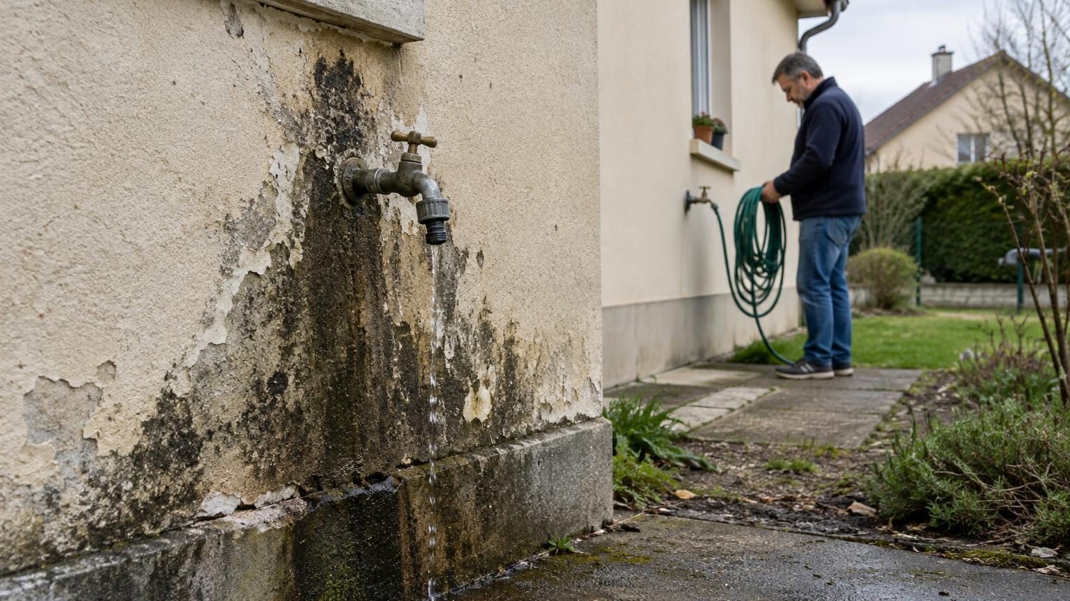 Deux voisins ferment leur robinet extérieur le même dimanche de septembre : six mois plus tard, un seul voit l'eau suinter de son mur