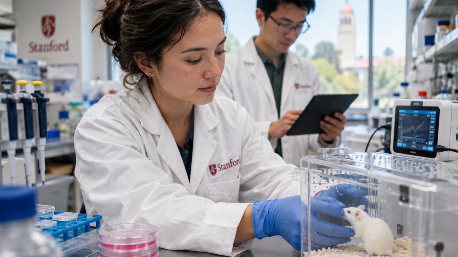 Représentation scientifique d'un système immunitaire chimérique avec cellules du donneur et du receveur coexistant harmonieusement autour de cellules pancréatiques greffées.