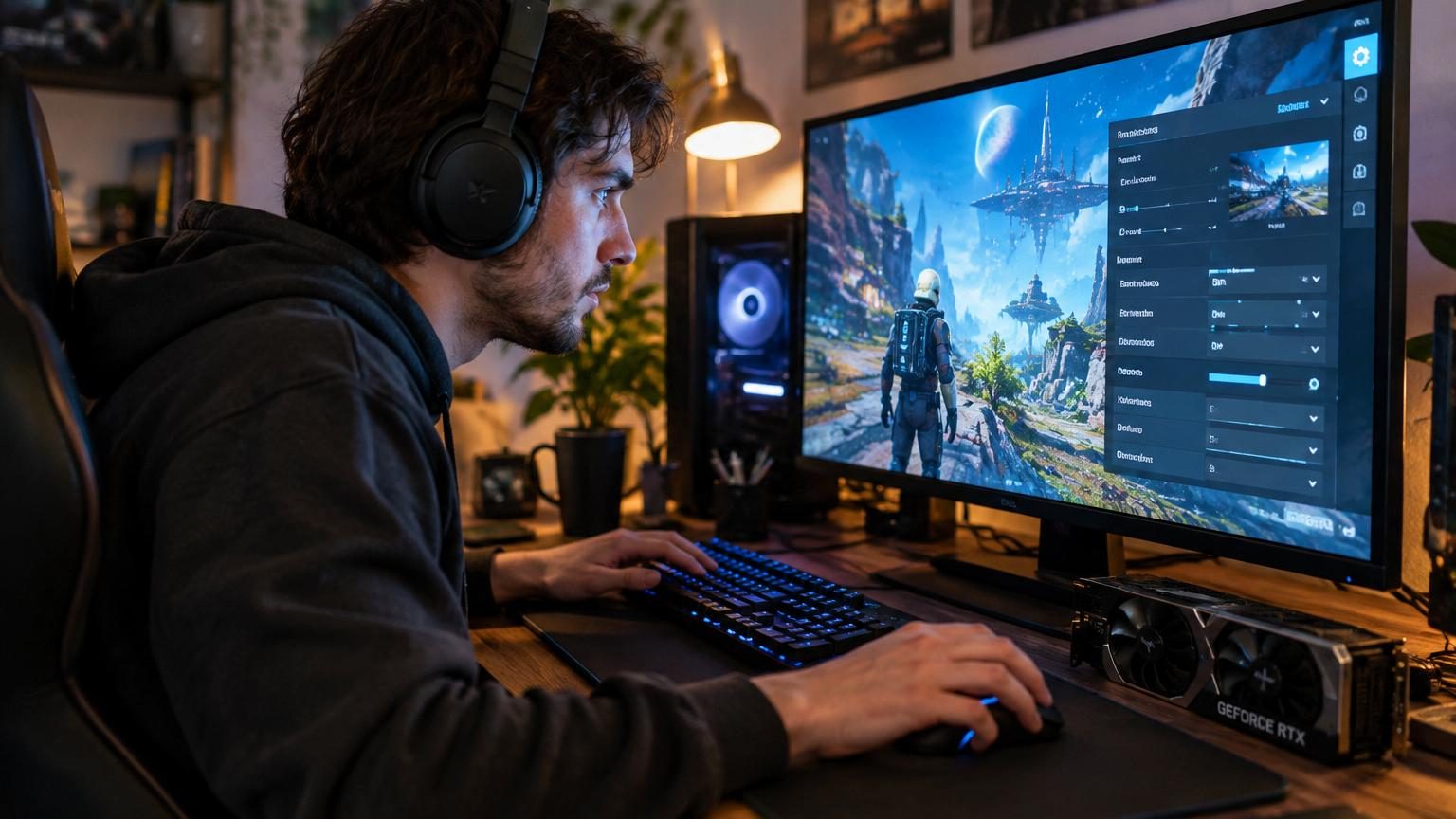 Logo ou interface NVIDIA illustrant la technologie DLSS 4.5 avec des cartes graphiques GeForce RTX en arrière-plan