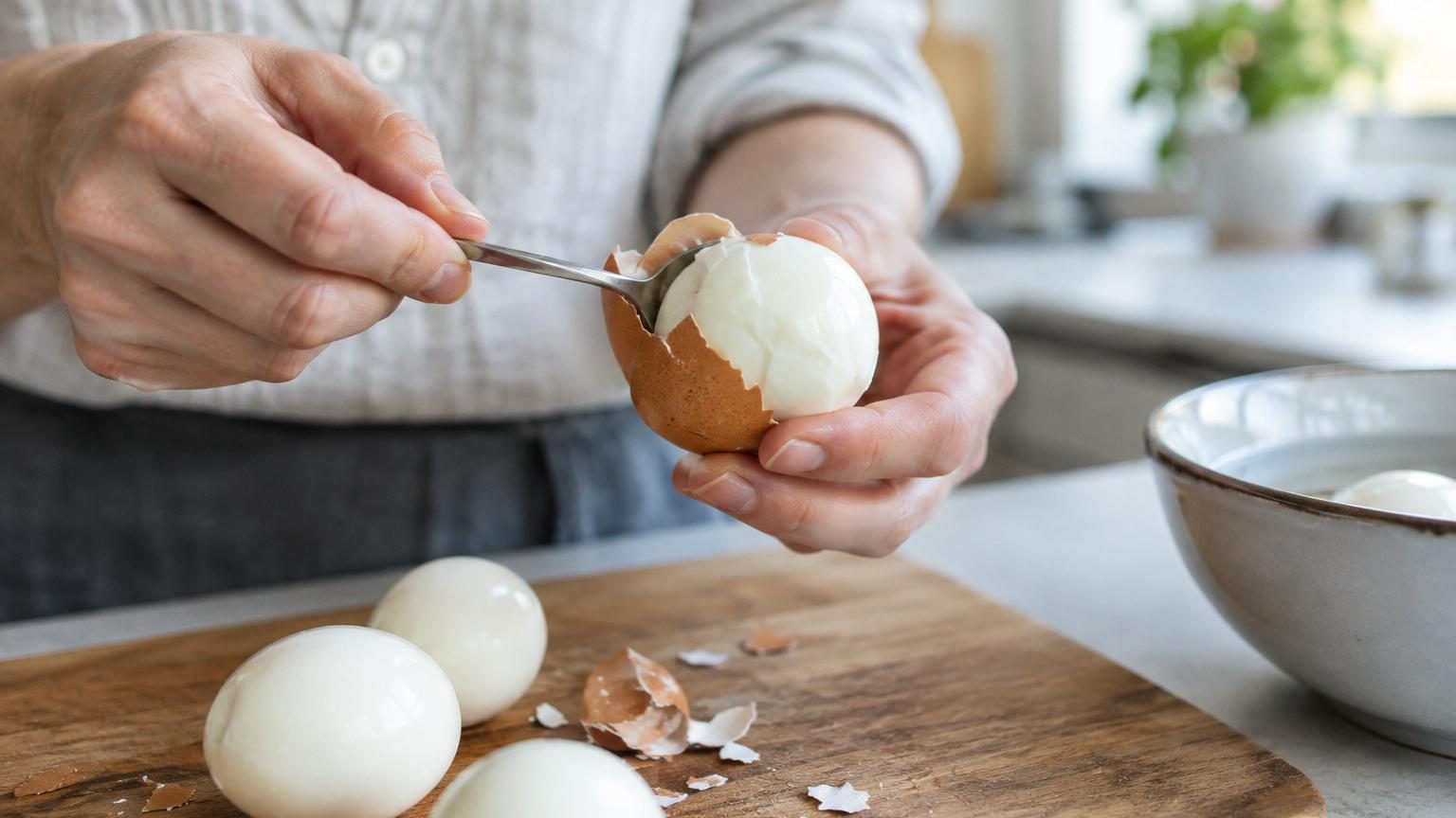 Écaler un œuf dur n&rsquo;a jamais été aussi simple : l&rsquo;astuce de la petite cuillère qui fait tomber la coquille toute seule