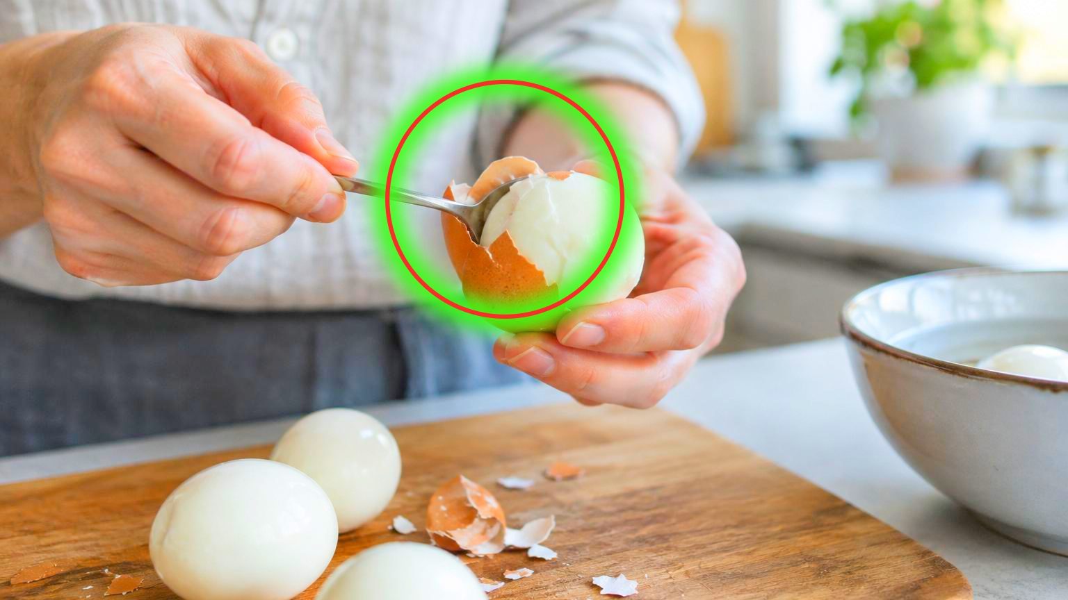 Œuf dur écalé intact avec sa coquille fragmentée en petits morceaux détachés du blanc lisse.