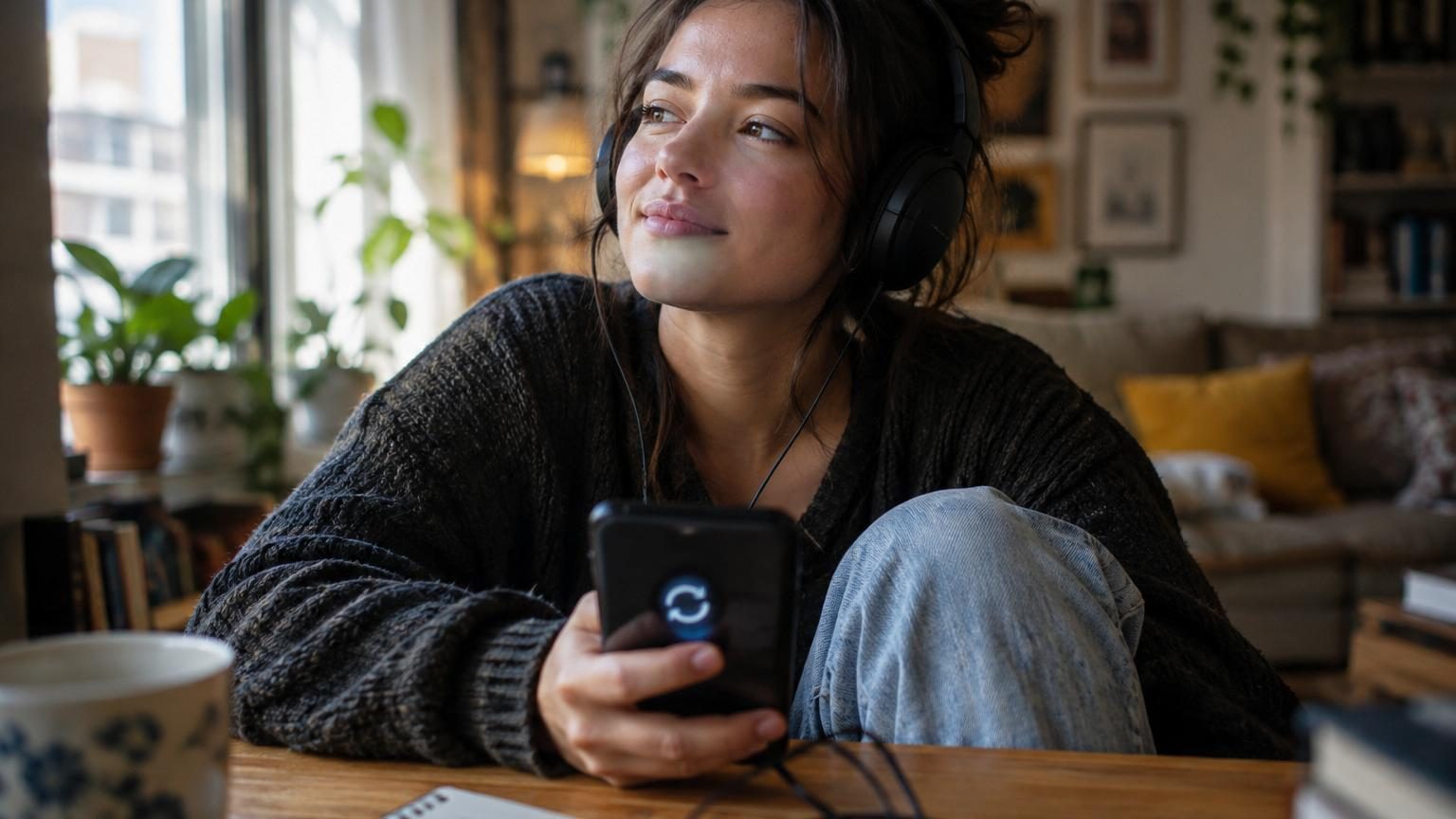 Personne portant des écouteurs, écoutant de la musique avec une expression contemplative et concentrée.