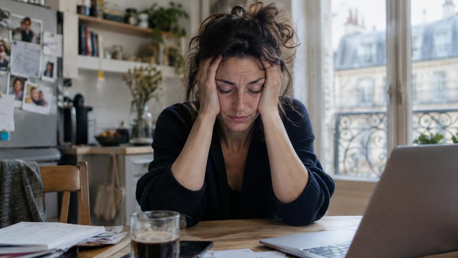 Une femme assise à son bureau, regardant l'écran avec une expression d'épuisement et de confusion, entourée de piles de dossiers et de tâches inachevées, symbolisant le désalignement entre l'activité intense et l'absence de sens.