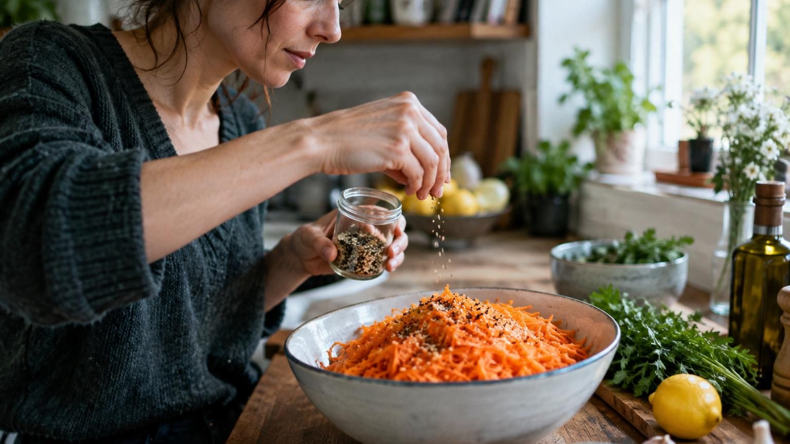 Elle ajoute cet ingrédient inattendu à ses carottes râpées : ce n&rsquo;est ni le vinaigre ni la moutarde