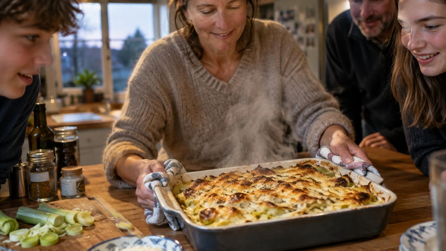 Un plat à gratin doré contenant des poireaux fondants nappés de sauce crémeuse moutardée, garni d'une croûte de fromage comté croustillante.