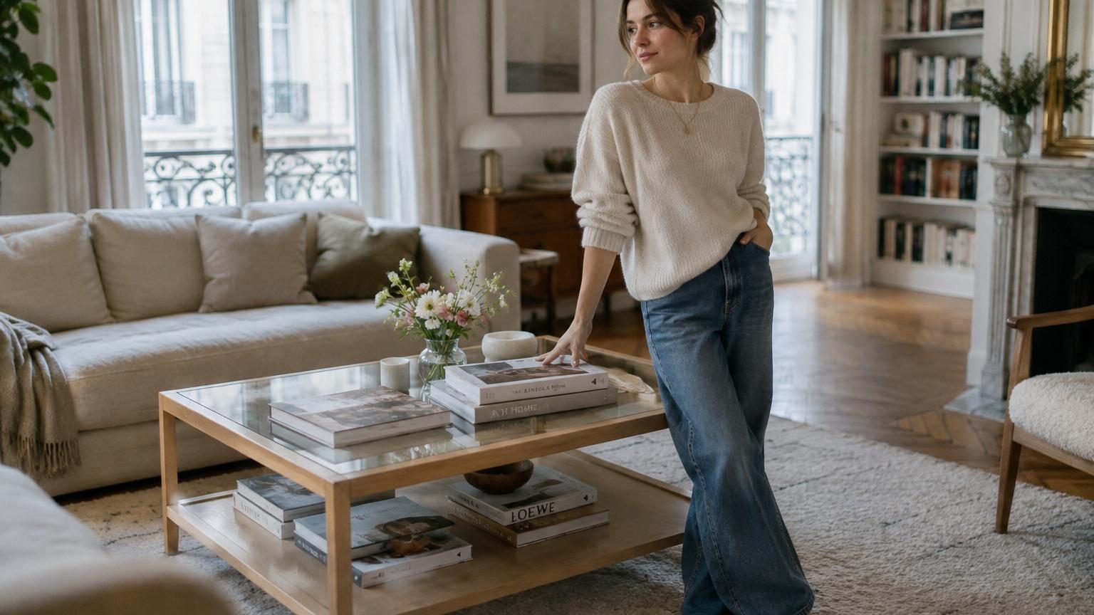 Table basse en bois brut avec plateau en pierre naturelle, entourée d'un tapis épais, de coussins en lin et de textiles doux dans un salon chaleureux.