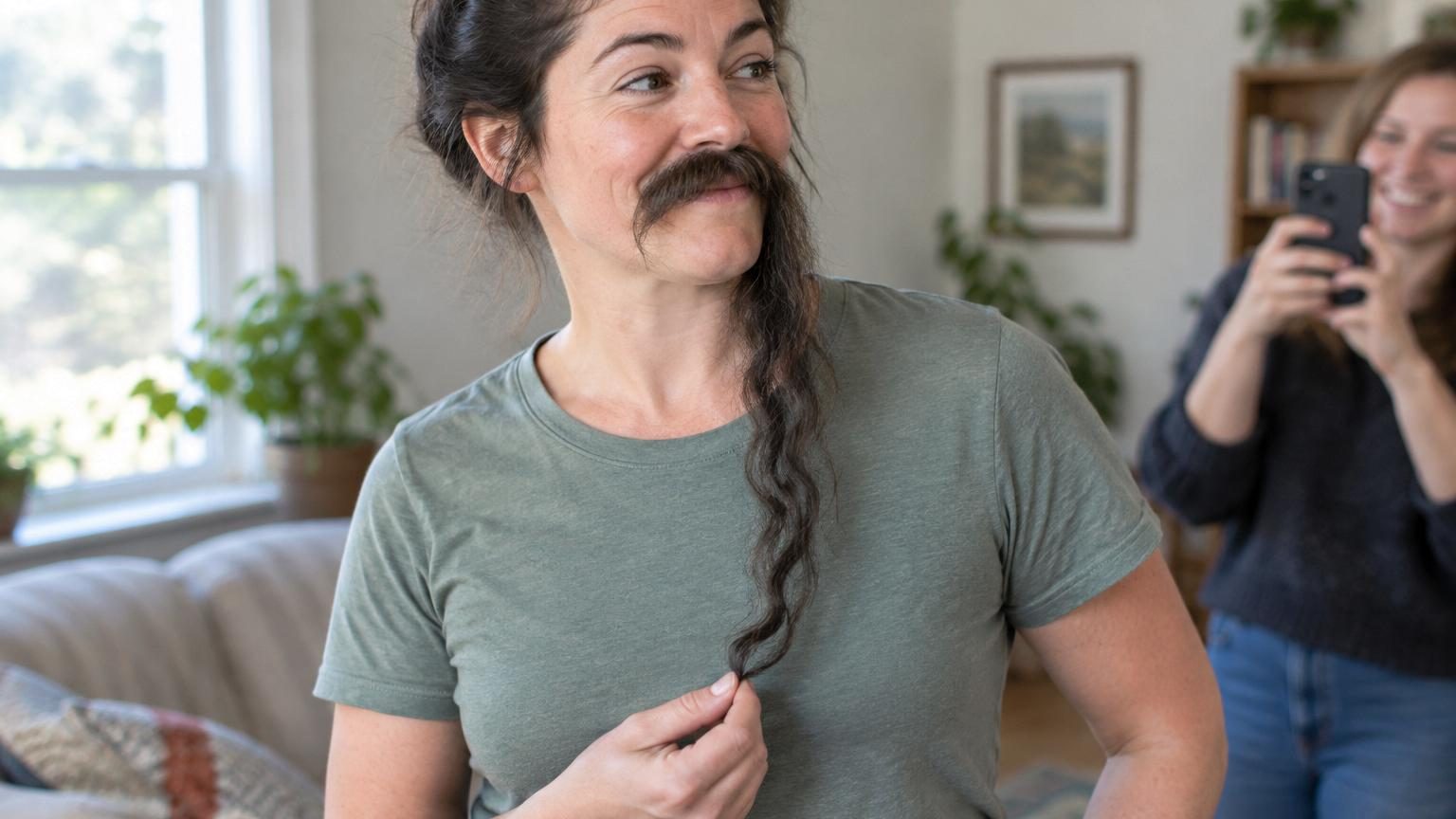 Portrait d'Erin Honeycutt avec sa spectaculaire moustache rousse et bouclée de 31 centimètres, devant un miroir de salle de bain