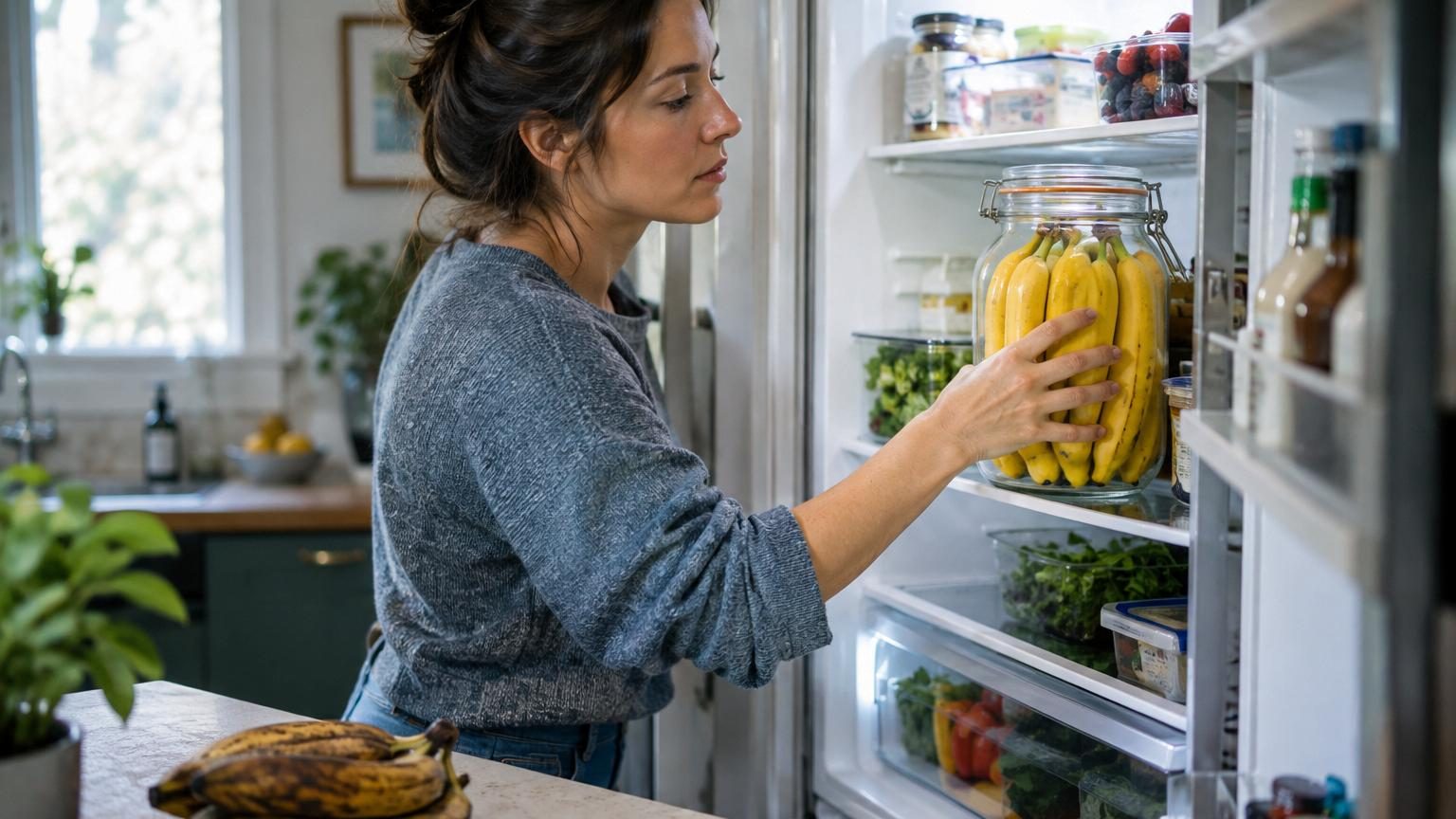 Un bocal en verre hermétique rempli de trois tronçons de banane jaune placés à la verticale, posé sur une étagère de réfrigérateur.