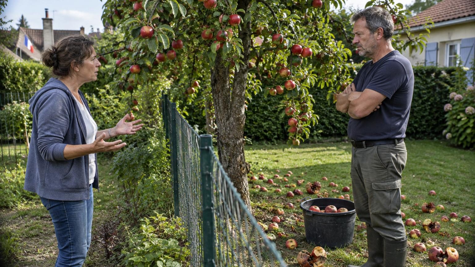 Elle plante un pommier à moins d’un mètre de la clôture : six ans plus tard, les fruits deviennent un problème de voisinage
