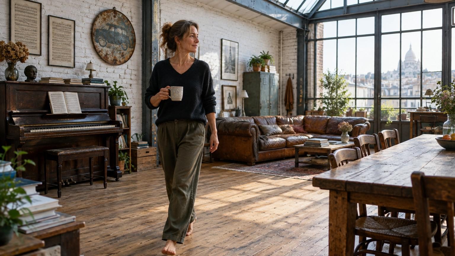 Elle vit depuis onze ans dans un ancien atelier de piano de 150 m² à Montmartre : Marine Vignes ouvre les portes de son loft, à deux pas de chez Nagui