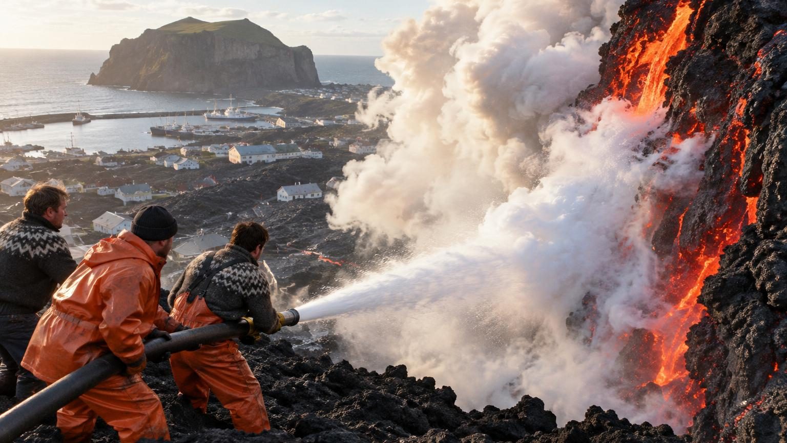 Équipes de volontaires projetant de l'eau de mer sur une masse de lave incandescente à plus de 30 mètres de haut, dans un nuage de vapeur et de gaz soufrés, au cœur de l'hiver 1973 en Islande.
