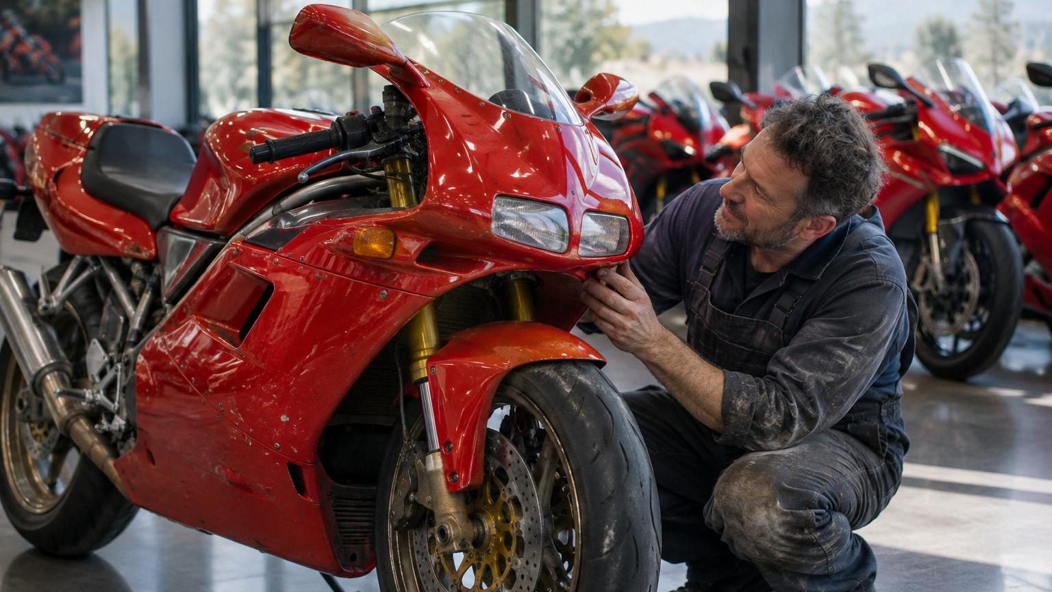 Ducati 916 de profil, moto sportive rouge aux lignes effilées caractéristiques, carénage resserré et silencieux d'échappement relevés sous la selle, dans un style architectural distinctif.