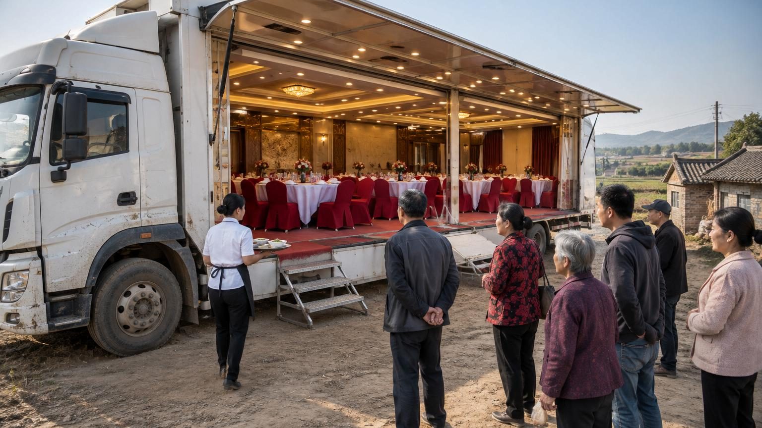 En Chine, ces camions se déplient en quelques minutes : à l'intérieur, ce n'est ni un marché ni une scène mais une salle de banquet