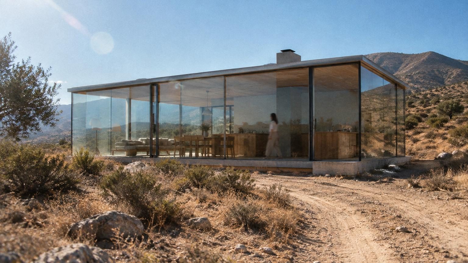 Maison aux murs entièrement vitrés implantée au milieu d'un paysage désertique de ravins rougeâtres et de reliefs abrupts en Andalousie, sous un ciel bleu dégagé.