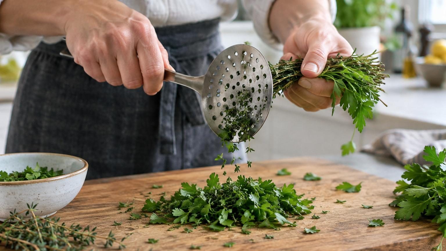 Branche de thym dont les feuilles se détachent proprement en passant dans un trou d'une râpe de cuisine tenue horizontalement