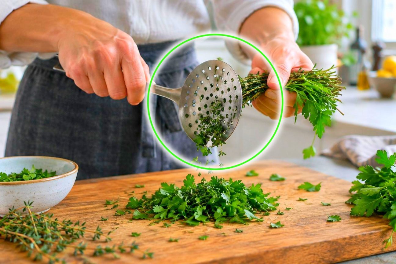 Branche de thym dont les feuilles se détachent proprement en passant dans un trou d'une râpe de cuisine tenue horizontalement