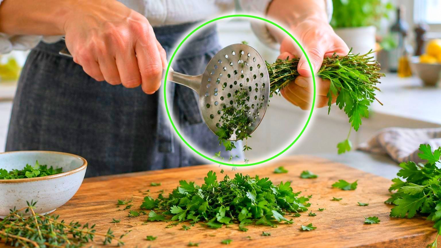 Branche de thym dont les feuilles se détachent proprement en passant dans un trou d'une râpe de cuisine tenue horizontalement