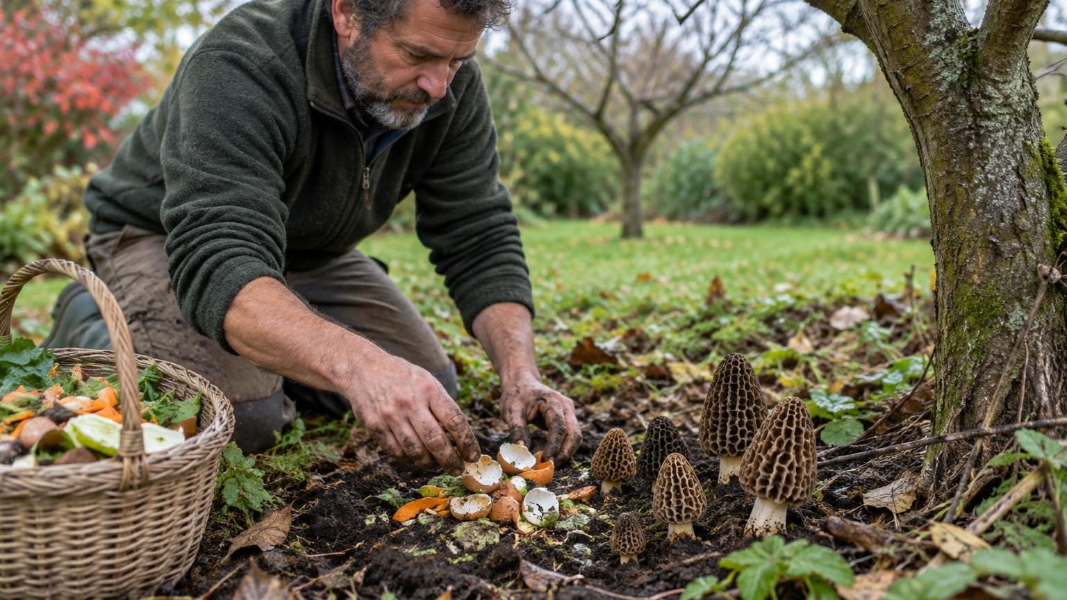 Morilles alvéolées fraîchement récoltées au pied d'un arbre, avec du marc de pomme et des cendres de bois visibles dans le lit de culture automnal