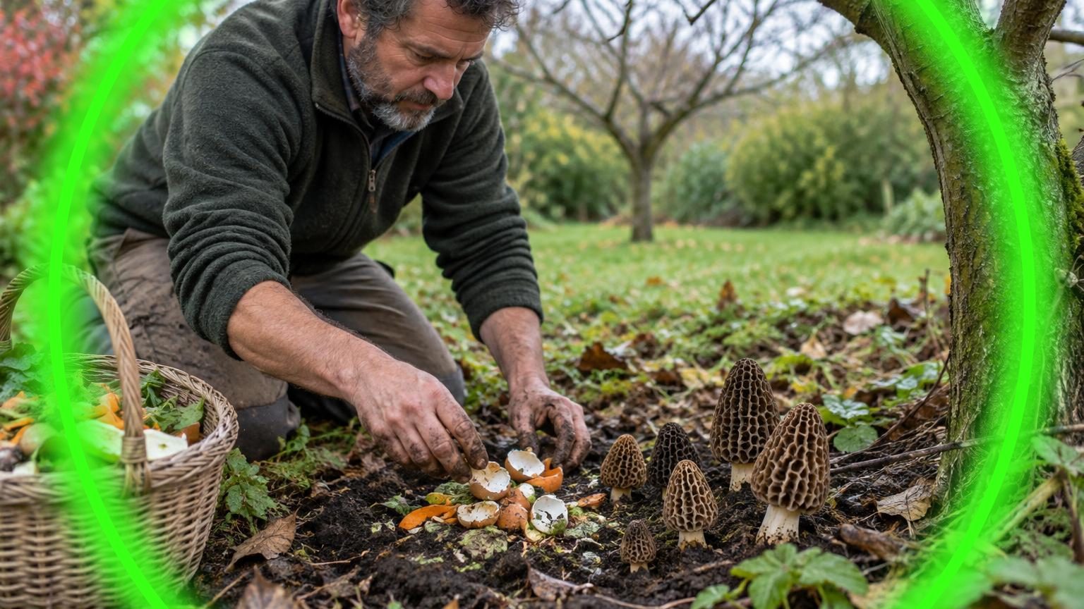 Morilles alvéolées fraîchement récoltées au pied d'un arbre, avec du marc de pomme et des cendres de bois visibles dans le lit de culture automnal