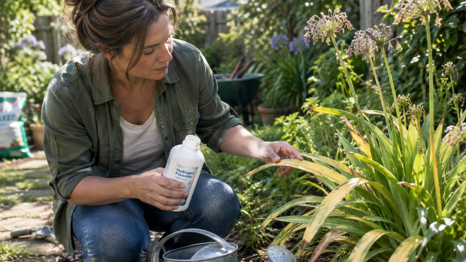 Agapanthes aux fleurs bleues et blanches graphiques en ombelles, avec feuillage vert dense dans un pot de culture