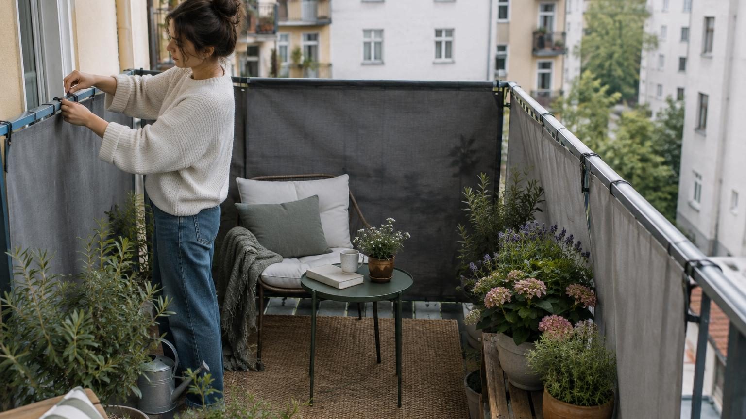 Paravent NÄMMARÖ en bois d'acacia avec lattes verticales, banc intégré et coffre de rangement, installé sur un balcon urbain pour créer une barrière visuelle contre les regards des voisins.