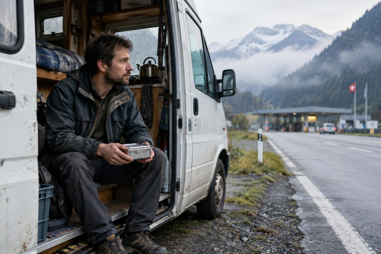 Geoffroy, 37 ans, travaille en Suisse et vit dans son camping-car à la frontière : son loyer ne dépasse pas 400 euros par mois