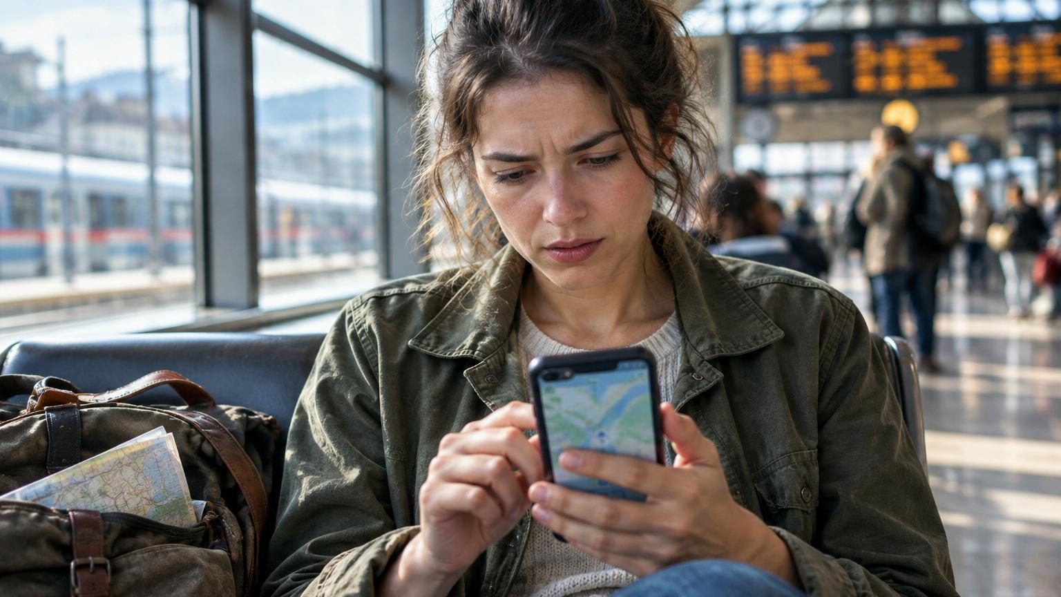 Interface de Google Maps affichant un plan téléchargé avec le guidage étape par étape, une épingle de localisation et des informations de lieux dans une zone urbaine.