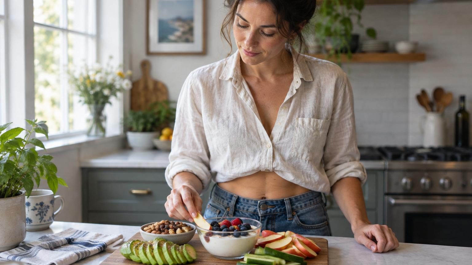 Composé montrant des aliments thermogéniques : piments rouges, gingembre frais, poivre noir et chocolat noir, disposés autour d'une silhouette humaine mettant l'accent sur le ventre plat.
