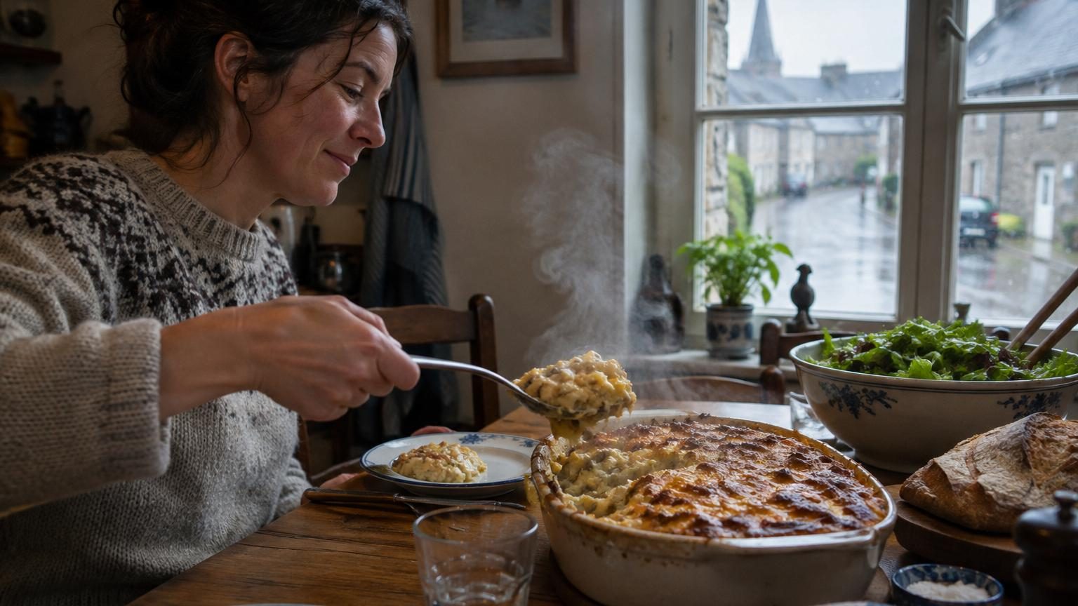 Un plat de gratin de pâtes doré et fumant sortant du four, servi dans un plat rectangulaire blanc, avec une croûte gratinée légèrement dorée.