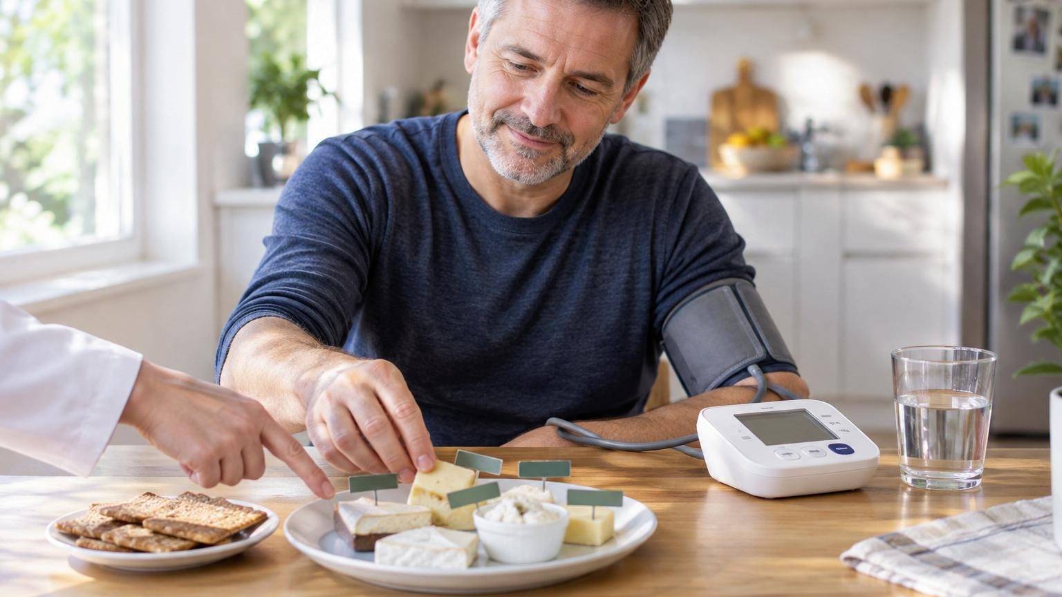 Assortiment de fromages (emmental, mozzarella, chèvre frais) disposés sur une planche avec des légumes et des herbes fraîches pour illustrer les alternatives pauvres en sel adaptées à l'hypertension.