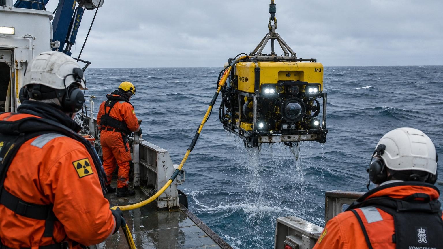 Vue d'artiste du sous-marin K-278 Komsomolets gisant dans les profondeurs de la mer de Norvège, avec des panaches lumineux symbolisant les fuites radioactives émises par le réacteur endommagé.