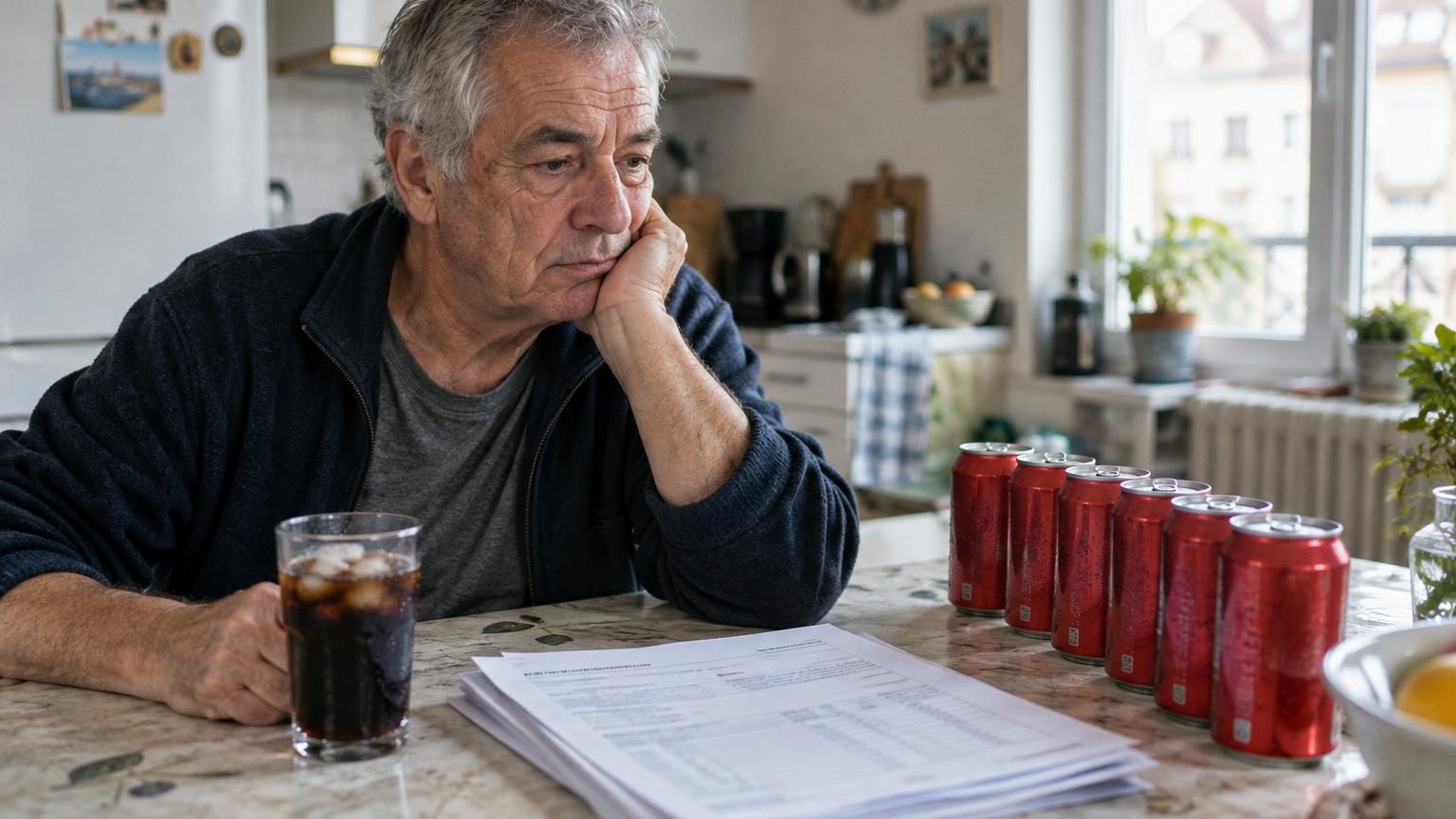 Homme septuagénaire tenant une bouteille de Coca Zero, illustrant son mode de vie extrême basé uniquement sur la consommation de ce soda depuis cinquante ans.