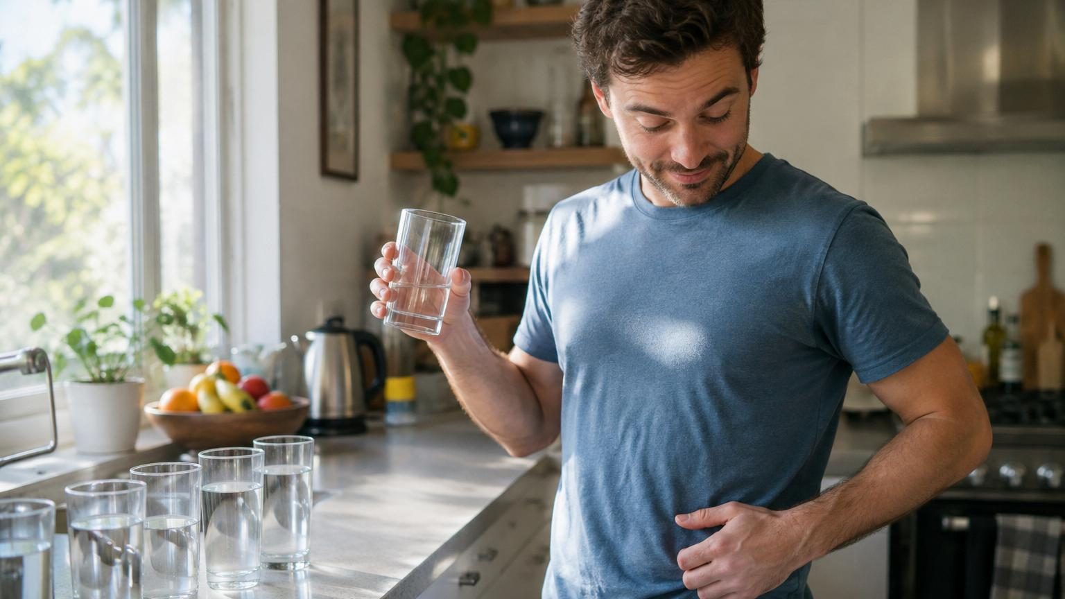 Un verre rempli d'eau claire et fraîche posé sur une surface lumineuse, symbolisant l'hydratation quotidienne recommandée