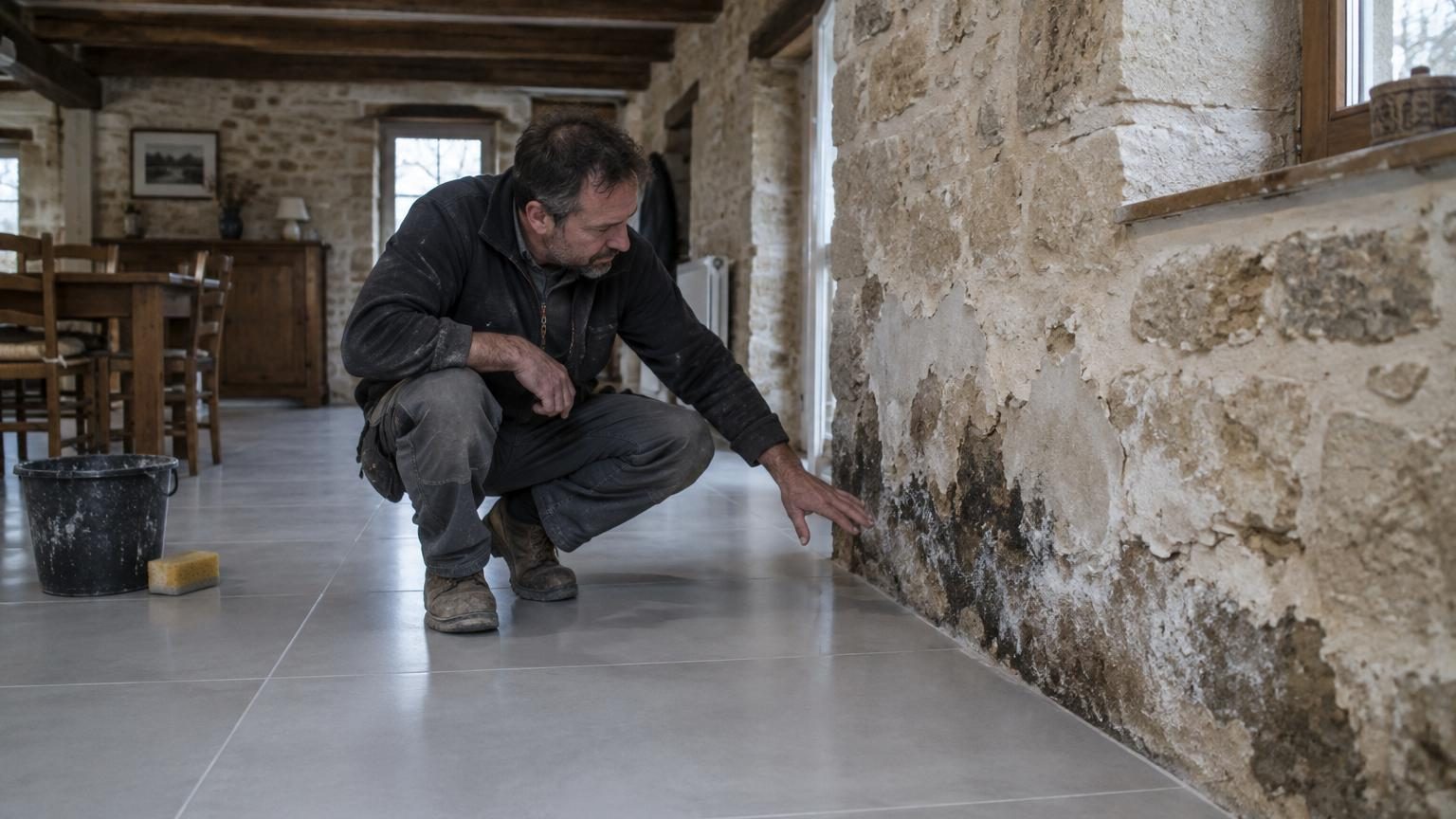 Il coule une dalle béton sur la terre battue de sa longère pour poser du carrelage : deux hivers plus tard, le bas des murs de pierre a changé